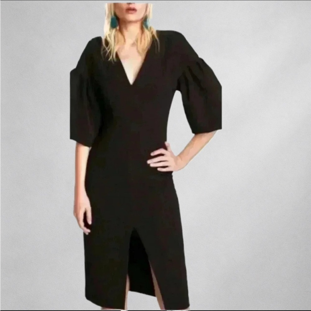 Zara Black Fitted Puff Sleeves Slit In Front Zip Back Dress Size Small 11/4